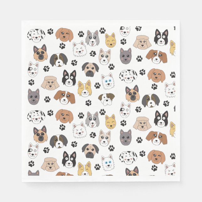 Colourful Cute Funny Dogs & Dog Paw Pattern Napkin (Front)
