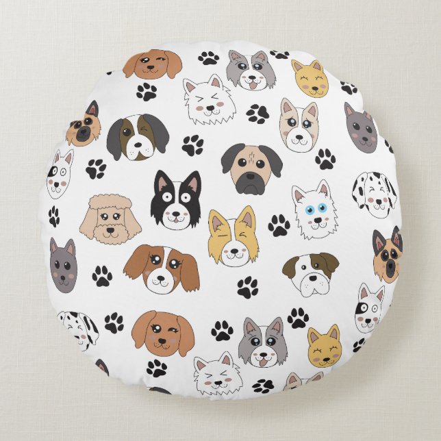Colourful Cute Funny Dogs & Dog Paw Pattern Round Pillow (Front)