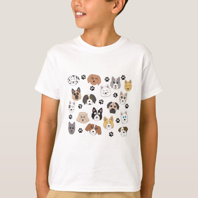 Colourful Cute Funny Dogs & Dog Paw Pattern T-Shirt (Front)