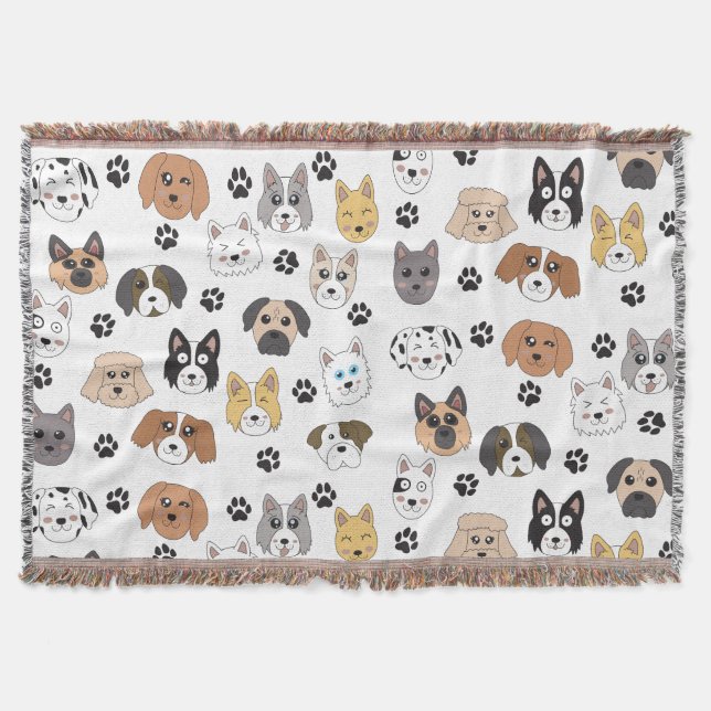 Colourful Cute Funny Dogs & Dog Paw Pattern Throw Blanket (Front)