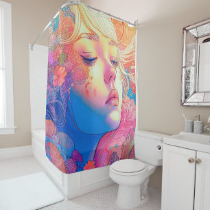 Colourful Cute Girl Surrounded by Flowers Artwork 