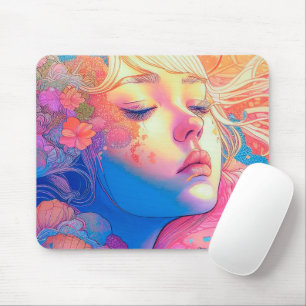 Colourful Cute Girl Surrounded by Flowers Artwork Mouse Pad