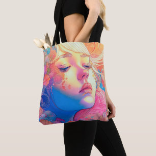Colourful Cute Girl Surrounded by Flowers Artwork Tote Bag