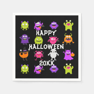 Colourful Cute Halloween Monsters on Black Napkin