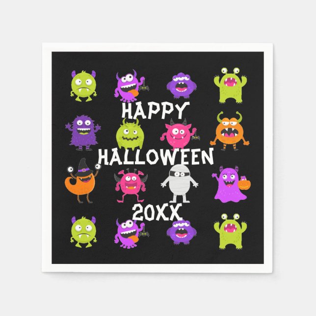 Colourful Cute Halloween Monsters on Black Napkin (Front)