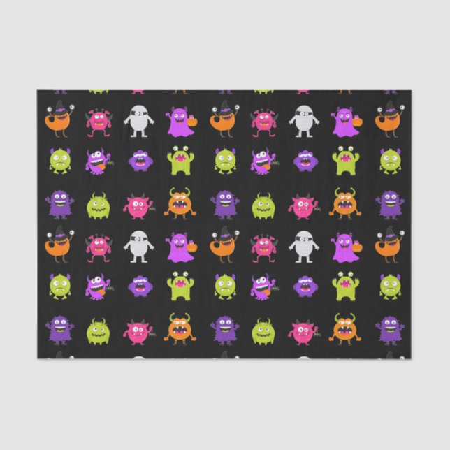 Colourful Cute Halloween Monsters on Black Tissue Paper (Front)