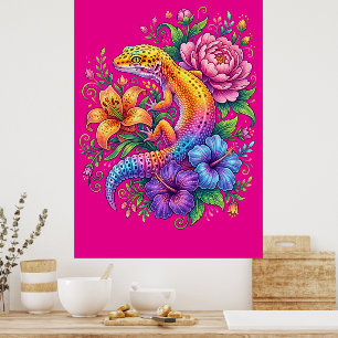 Colourful Cute Leopard Gecko Flowers Rainbow Poster