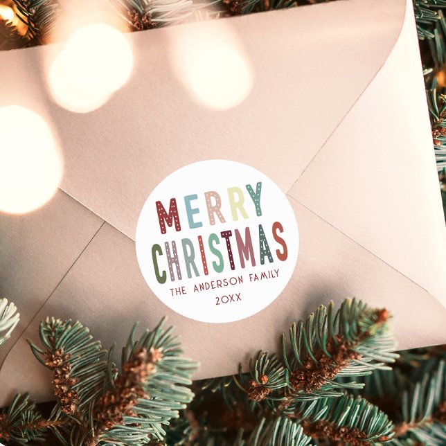 Colourful Cute Merry Christmas Festive  Classic Round Sticker (Creator Uploaded)