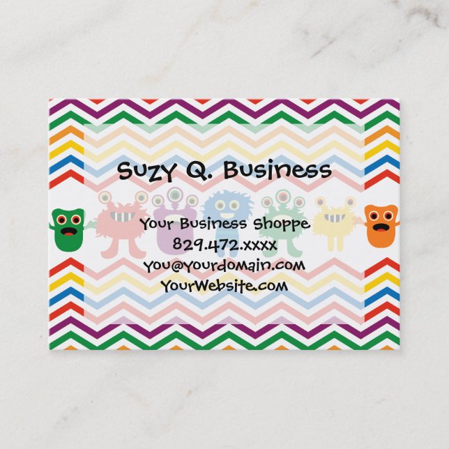 Colourful Cute Monsters Fun Chevron Striped Patter Business Card (Front)