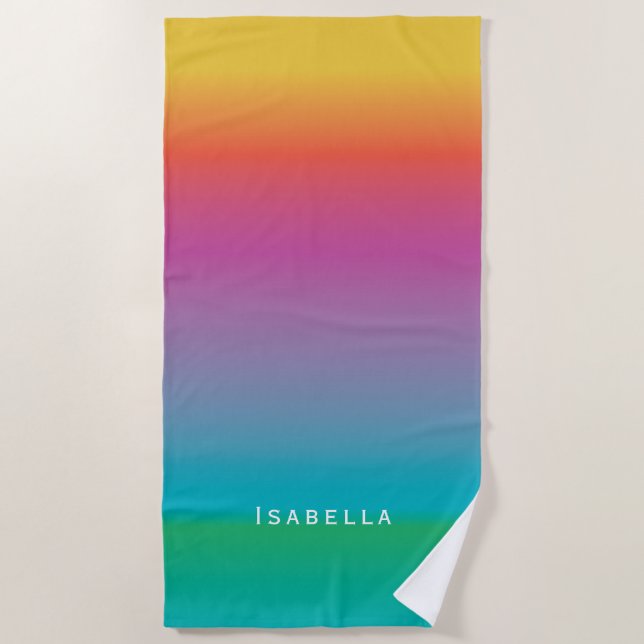Colourful Cute Rainbow Ombre Watercolor Monogram Beach Towel (Front)