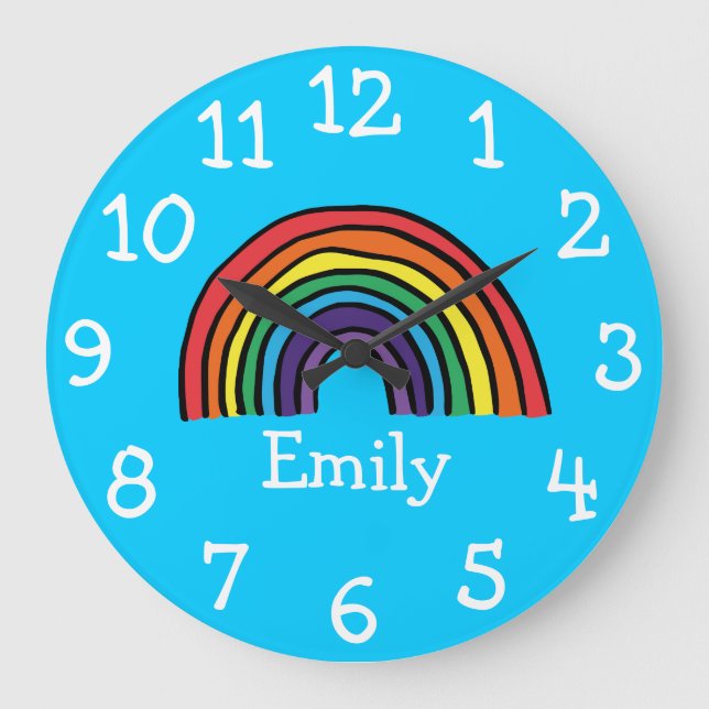 Colourful Cute Rainbow Personalized Name Large Clock (Front)