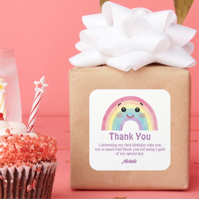 colourful cute rainbow thank you girl 1st birthday square sticker (Party)