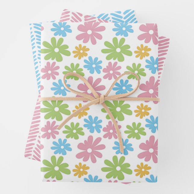 Colourful Cute Retro Easter Flower Art Pattern Wrapping Paper Sheet (In situ)