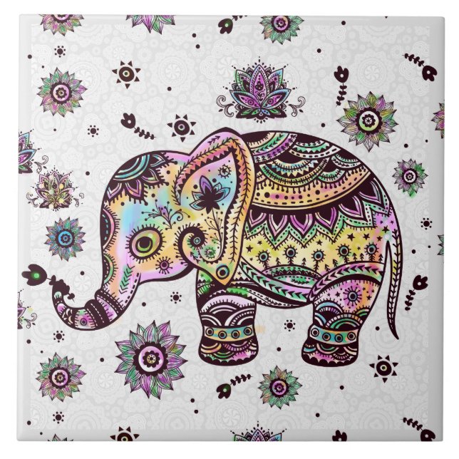 Colourful Cute Retro Floral Elephant Tile (Front)