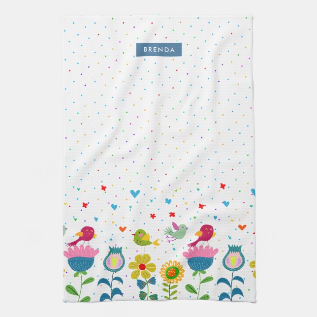 Colourful cute retro flowers & birds kitchen towel (Vertical)