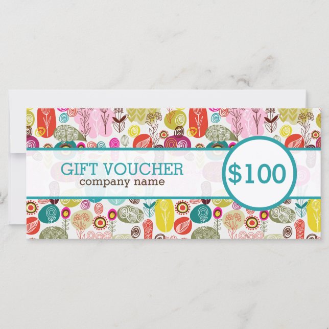 Colourful Cute Retro Flowers Gift Voucher (Front)