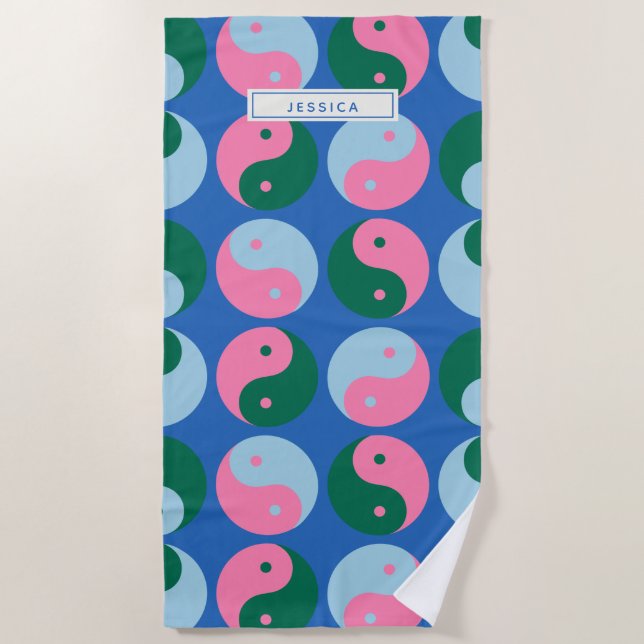 Colourful Cute Retro Yin Yang Blue Personalized Beach Towel (Front)