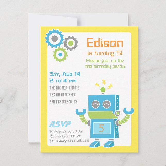 Colourful Cute Robot Birthday Party Invitations (Front)
