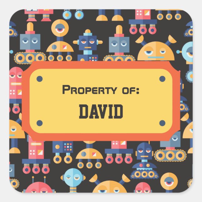 Colourful Cute Robot Pattern Personalized Square Sticker (Front)