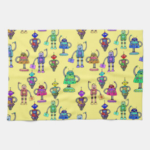 Colourful cute robots on a yellow background kitchen towel