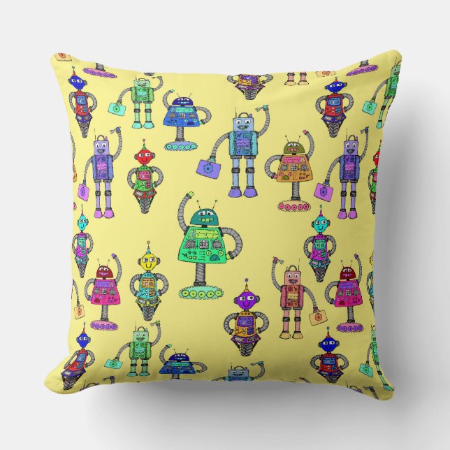 Colourful cute robots on a yellow background throw pillow (Front)