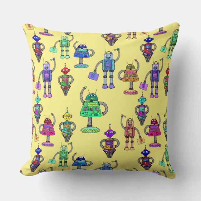 Colourful cute robots on a yellow background throw pillow (Front)