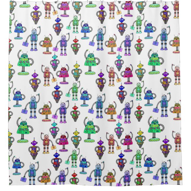 Colourful cute robots on white background (Front)