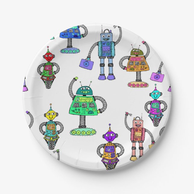 Colourful cute robots on white background paper plate (Front)