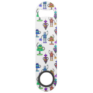 Colourful cute robots on white background speed bottle opener