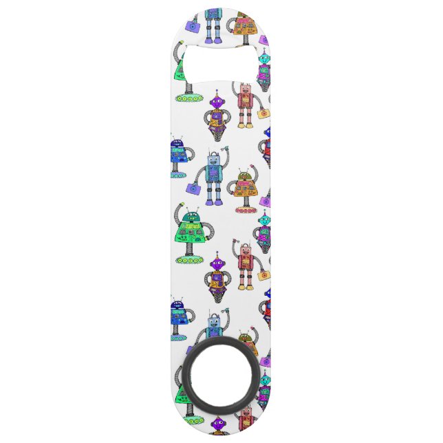 Colourful cute robots on white background speed bottle opener (Front)