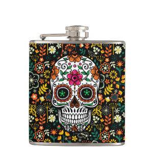 Colourful Cute Sugar Skul And Retro Flowers Hip Flask
