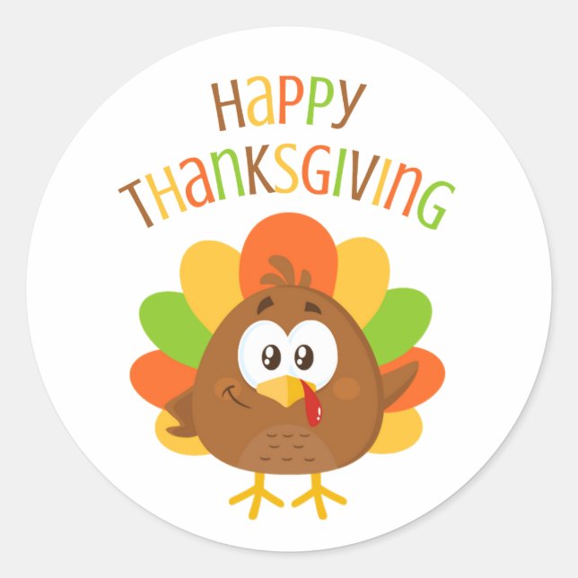 Colourful Cute Turkey Fall Happy Thanksgiving Classic Round Sticker (Front)