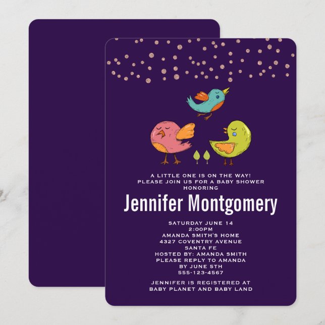 Colourful Cute Whimsical Birds Baby Shower Invitation (Front/Back)
