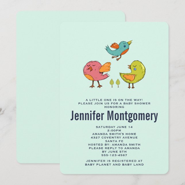 Colourful Cute Whimsical Birds Baby Shower Invitation (Front/Back)