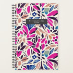 Colourful Cutouts Botanical Pattern Planner<br><div class="desc">Watercolor cutout inspired blue peach black and purple floral leaves pattern. Personalize name inside grey rectangle at front.</div>