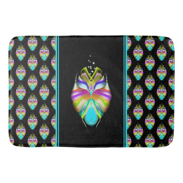 Colourful Cyan and Black Oracle Owl Bath Mat (Front)