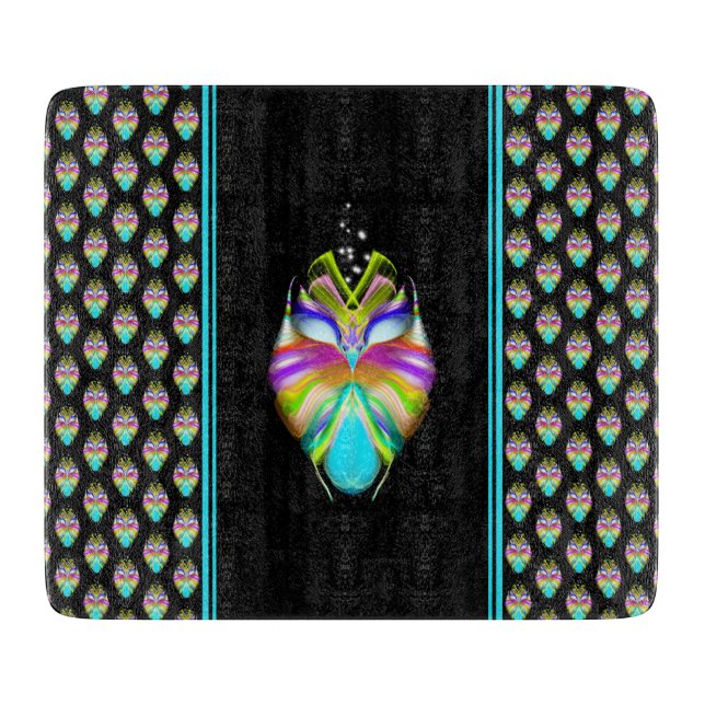 Colourful Cyan and Black Oracle Owl Cutting Board (Front)