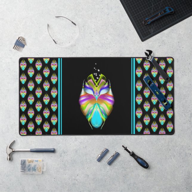 Colourful Cyan and Black Oracle Owl Desk Mat (Workstation)