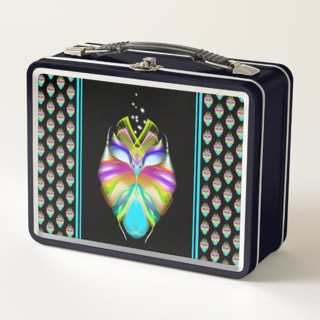 Colourful Cyan and Black Oracle Owl Metal Lunch Box (Front)