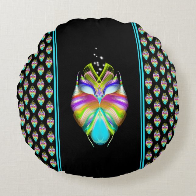 Colourful Cyan and Black Oracle Owl Round Pillow (Front)