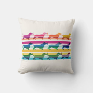 Colourful Dachshund Pattern Retro Stripes Throw Pillow