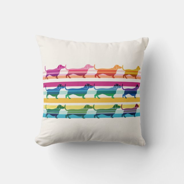Colourful Dachshund Pattern Retro Stripes Throw Pillow (Front)