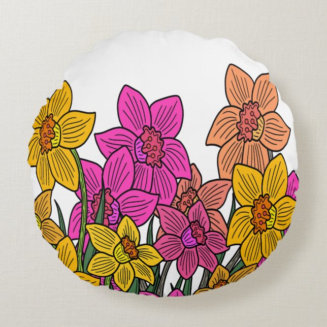 Colourful Daffodils Flowers Design Round Pillow (Front)