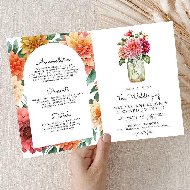 Colourful Dahlia Floral Mason Jar QR Code Wedding Invitation (Creator Uploaded)
