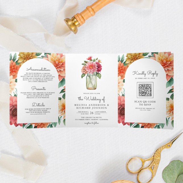 Colourful Dahlia Floral Mason Jar QR Code Wedding Tri-Fold Invitation (Creator Uploaded)