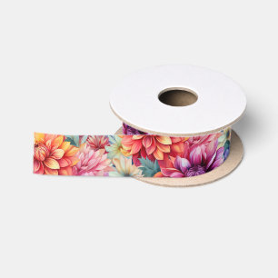 Colourful Dahlias Tissue Paper Satin Ribbon