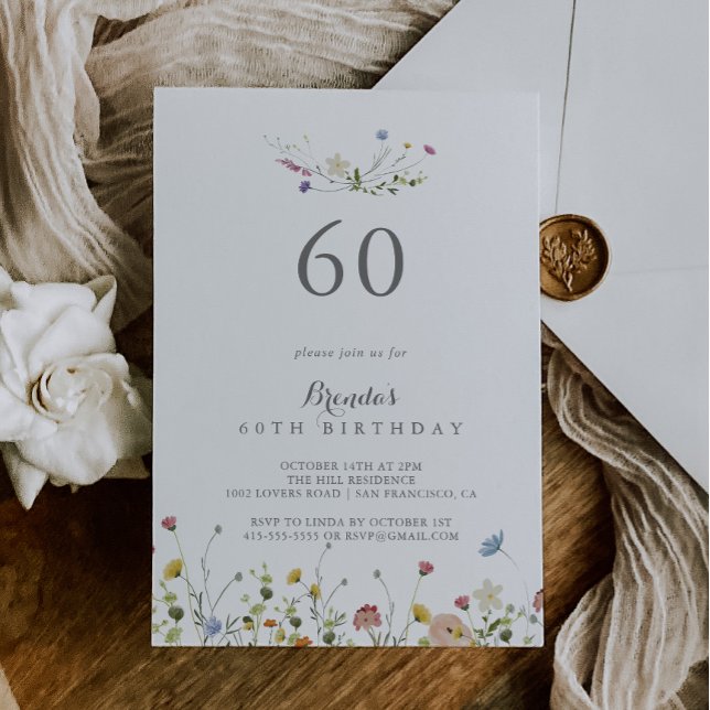 Colourful Dainty Wild Flowers 60th Birthday Party Invitation (Creator Uploaded)