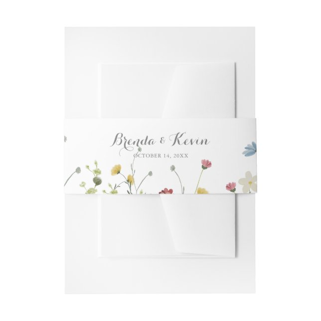 Colourful Dainty Wild Flowers Calligraphy Wedding  Invitation Belly Band (Front Example)
