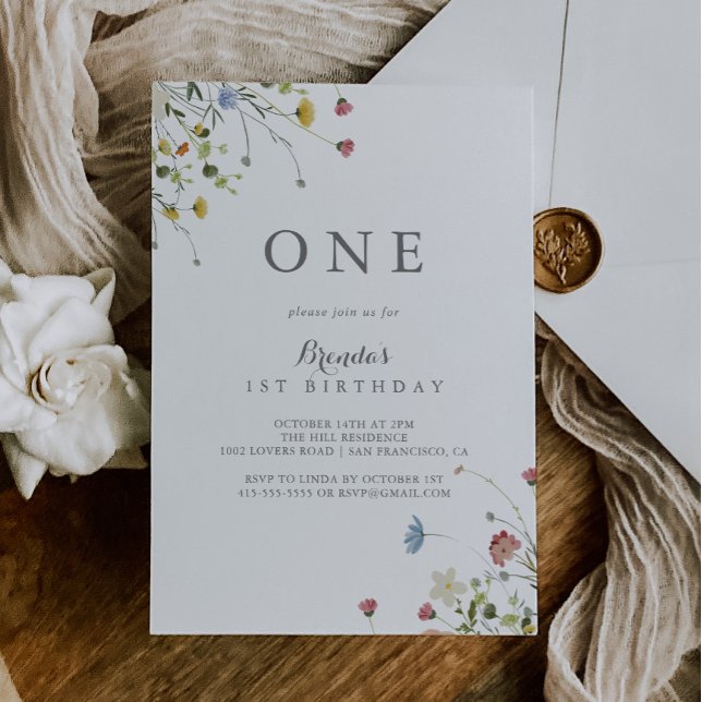 Colourful Dainty Wild Flowers First Birthday Party Invitation (Creator Uploaded)