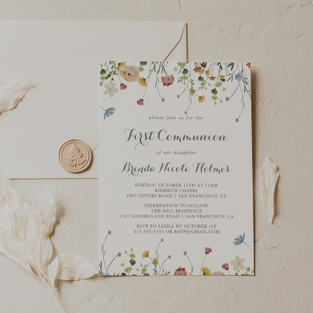 Colourful Dainty Wild Flowers First Communion Invitation (Creator Uploaded)